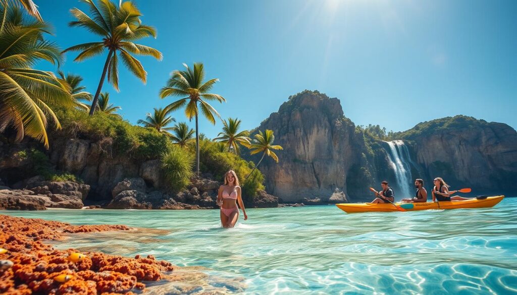 A breathtaking tropical beach scene showcasing natural beauty and thrilling adventures. In the foreground, a vibrant coral reef teems with colorful fish, while a modestly dressed couple explores the shallow waters, smiling and wading playfully. In the middle ground, lush green palm trees sway gently in the warm breeze, and a kayak glides by, carrying adventurers with determined expressions, hinting at exciting explorations ahead. The background features stunning cliffs adorned with cascading waterfalls under a clear blue sky, casting dappled sunlight onto the scene. The overall atmosphere is joyful and serene, evoking a sense of wonder and romance in nature's embrace. Daylight shines brightly, creating a vivid color palette enriched with greens, blues, and sandy beiges, capturing the essence of summer escapades.
