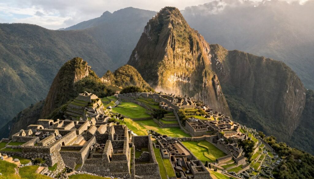 A breathtaking view of Machu Picchu, nestled in the Sacred Valley, surrounded by verdant hills and dramatic mountain peaks. In the foreground, vibrant green terraced farmland leads the eye towards the ancient ruins, showcasing stone structures and pathways set against the backdrop of lush vegetation. The middle ground features the iconic Incan temple, partially shrouded in morning mist, with sunlight softly illuminating the intricate stonework. In the background, towering mountains rise sharply, their rocky faces bathed in warm golden light. The scene is captured from a slightly elevated angle, using a wide-angle lens to emphasize the scale and majesty of the site. The atmosphere is serene and inspiring, evoking a sense of discovery and connection to history.