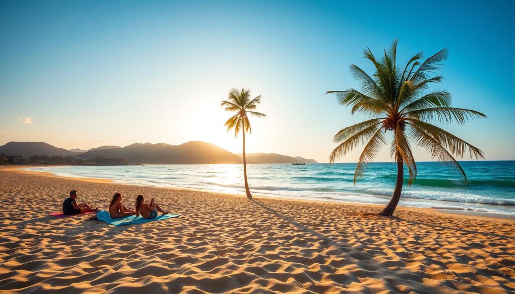 A breathtaking view of a tranquil Brazilian beach, featuring soft golden sands and gentle turquoise waves lapping at the shore. In the foreground, a small group of tourists in modest casual clothing are relaxing on colorful beach towels, enjoying the serene atmosphere. The middle ground showcases a few palm trees swaying gracefully in the warm breeze, providing shade to those nearby. In the background, distant lush green hills rise under a clear blue sky, with a hint of sun setting on the horizon, casting a warm golden glow over the scene. The lighting is soft and inviting, creating a peaceful and serene mood, perfect for a hidden tropical getaway. The composition has a wide-angle perspective, emphasizing both the beauty of the beach and the natural surroundings.