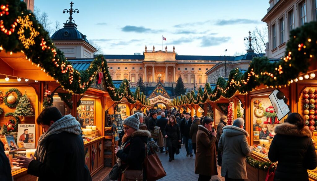 A bustling Christmas market in Vienna, Austria, vibrant and full of life, with beautifully decorated wooden stalls selling festive goods and treats. In the foreground, individuals in stylish winter attire, including scarves and coats, eagerly sample glühwein and handcrafted ornaments. The middle ground showcases traditional market stalls adorned with twinkling fairy lights and colorful decorations, surrounded by the charm of historic buildings. In the background, an imperial palace glows softly under a winter twilight sky, casting a warm and inviting atmosphere. The scene is illuminated by soft, golden lights, creating a cozy, festive mood, depicted with a slight depth of field effect to enhance the focus on the market's activities. Capture this enchanting holiday spirit with a wide-angle view to encompass the grandeur of the setting.