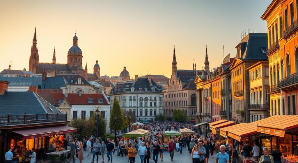 A bustling European city skyline at golden hour, featuring iconic landmarks like medieval cathedrals, Renaissance palaces, and modern skyscrapers silhouetted against a warm, glowing sky. In the foreground, a busy pedestrian plaza is filled with locals and tourists exploring charming cobblestone streets, outdoor cafes, and vibrant markets selling local crafts and delicacies. The scene exudes a lively, inviting atmosphere that captures the essence of the diverse attractions and cities that make a Eurotrip so captivating.