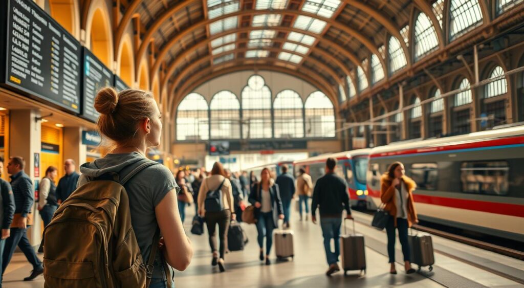 A bustling European train station, with travelers hurrying to board their trains. In the foreground, a young backpacker stands, her rucksack slung over her shoulders, gazing up at the departure boards. The station's vast, vaulted ceilings and arched windows are bathed in warm, golden light, lending an air of timeless elegance. In the middle ground, commuters rush by, their suitcases and briefcases in hand, while a group of friends bid farewell to one another on the platform. In the background, the silhouettes of trains glide in and out, their engine's rhythmic chug creating a sense of movement and anticipation. The scene evokes the excitement and freedom of a backpacking journey through Europe.