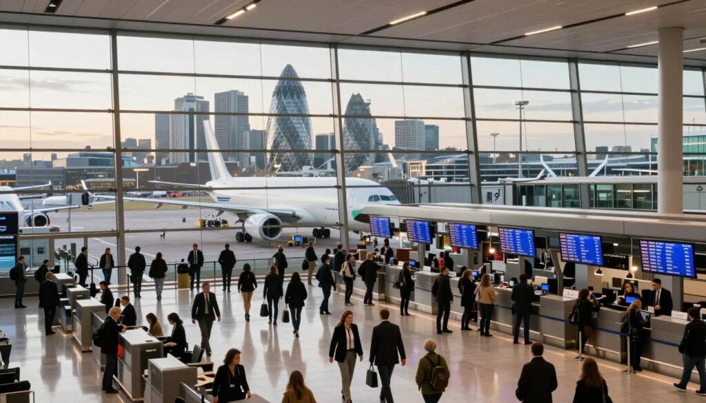 A bustling London airport terminal during the dawn light, with the iconic skyline of London visible through large glass windows in the background. The foreground features a diverse group of travelers in professional business attire and modest casual clothing, navigating the check-in counters, while digital flight information screens display flights from Brazil to London. In the middle ground, elegant airplanes are parked at the gates, ready for takeoff. The atmosphere is filled with a sense of excitement and anticipation as vacationers prepare to explore the city after the holidays. The scene is brightly lit, conveying a fresh start to the new year, captured from a wide-angle perspective that showcases the vibrant energy of international travel.