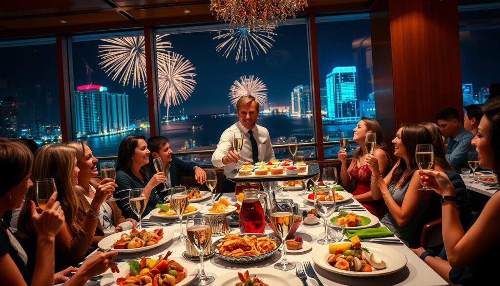 A bustling New Year's Eve dinner scene in a vibrant Miami restaurant. In the foreground, elegantly set tables adorned with sparkling glassware, colorful plates filled with a festive feast of seafood, tropical fruits, and traditional dishes. Diners, dressed in smart casual attire, are engaged in joyful conversations, raising glasses of champagne to toast. In the middle, a cheerful waiter carries a tray of desserts, showcasing an array of miniature cakes and pastries. The background features large windows revealing the illuminated skyline of South Beach, with fireworks bursting in the night sky. Soft, warm lighting creates an inviting atmosphere, enhancing the celebratory mood. The scene captures the essence of Miami's festive spirit, combining cultural flavors with lively interactions in a luxurious ambiance.