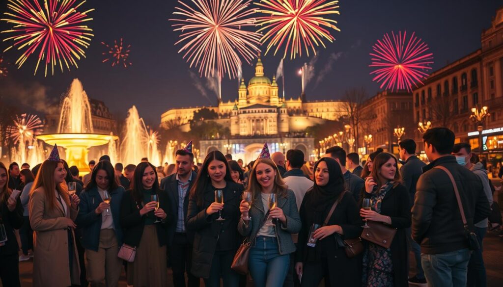 A bustling New Year's Eve scene in Barcelona, emphasizing the vibrant atmosphere of Plaça d'Espanya. In the foreground, a diverse group of people dressed in stylish yet modest casual attire stand together, holding glasses of sparkling wine and festive decorations like party hats and confetti. The middle ground features the iconic fountains of Plaça d'Espanya, beautifully lit with colorful lights. In the background, the majestic Montjuïc Castle is subtly illuminated against a darkening sky. Capture the dynamic energy of celebration with fireworks bursting overhead, filling the night with vibrant colors. The image should have a warm glow, evoking a sense of joy and excitement, with a focus on the unity and festive spirit of the crowd.
