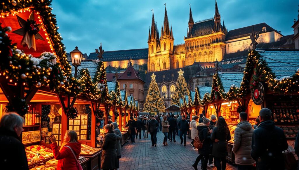 A bustling Prague Christmas market scene set in the Old Town Square, showcasing beautifully decorated wooden stalls filled with holiday crafts, glowing with warm golden lights. In the foreground, families and friends, dressed in cozy winter clothing, are gathering around a stall selling traditional Czech pastries and mulled wine. The middle ground features a stunning view of the iconic Týn Church with its Gothic spires, illuminated by fairy lights against a twilight sky. In the background, the majestic Prague Castle stands high on a hill, adorned with festive decorations. The atmosphere is filled with joy and celebration, soft snowflakes gently falling, casting a magical glow over the festive scene. Capture this enchanting moment with a slightly elevated angle to include the vibrant crowd and the historic architecture.