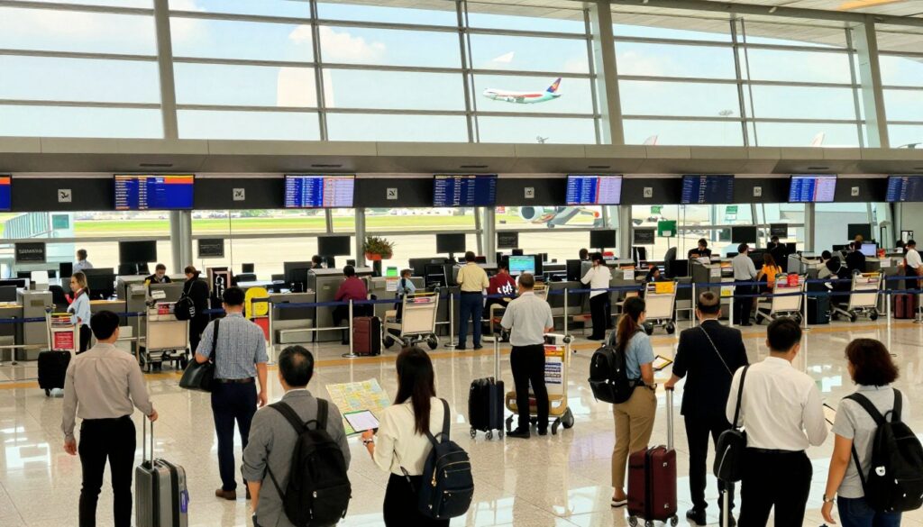 A bustling airport scene centered around a busy terminal illustrating international travel to Thailand. In the foreground, a diverse group of travelers in professional business attire and modest casual clothing, eagerly checking flight boards and consulting maps. The middle ground features officials at check-in counters, with luggage carts and boarding gates labeled for Bangkok and various islands. In the background, large windows showcase airplanes ready for takeoff against a bright, sunny sky, hinting at adventure. The scene is filled with warm, natural light streaming through the glass, creating a vibrant and welcoming atmosphere, signifying the anticipation of an exciting journey to Thailand in 2026.