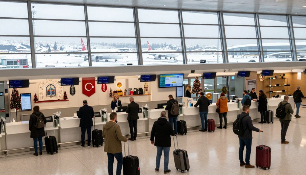 A bustling airport scene representing the transition to winter travel in Istanbul and Cappadocia. In the foreground, a diverse group of travelers in professional business attire and modest casual clothing are checking their luggage at a modern airline counter. The middle section showcases a bright, contemporary terminal adorned with festive winter decorations, with hints of Turkish culture in the architecture. In the background, large glass windows allow natural light to flood in, revealing a snowy landscape outside, with planes preparing for takeoff. Soft, diffused lighting illuminates the scene, creating an inviting and energetic atmosphere, capturing the excitement of winter travel. The angle is slightly elevated, offering a broad view of the airport, emphasizing both the travelers and the enchanting winter setting beyond the glass.