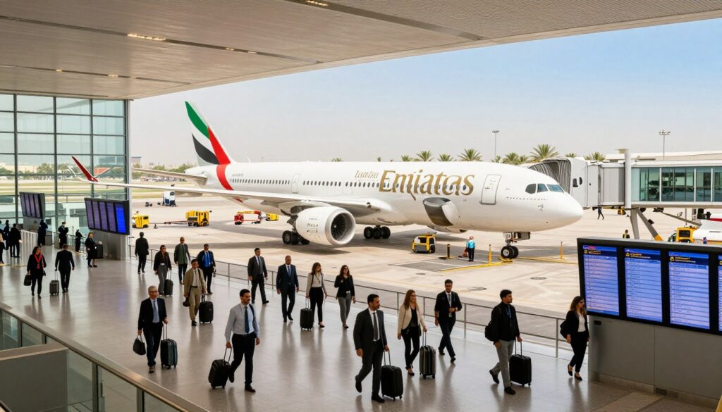 A bustling airport scene showcasing modern aircraft at a sun-drenched terminal representing the United Arab Emirates, specifically Dubai and Abu Dhabi. In the foreground, well-dressed travelers, both men and women, are navigating through the terminal with purpose, carrying luggage and looking at digital flight information screens. In the middle ground, sleek airplanes with the UAE flag can be seen parked at the gates, with staff efficiently directing ground operations. The background features large glass windows revealing palm trees and a clear blue sky typical of the Emirates' climate. Warm natural light floods the scene, creating an inviting atmosphere. The angle should be wide to capture the dynamic environment and energy of international travel.