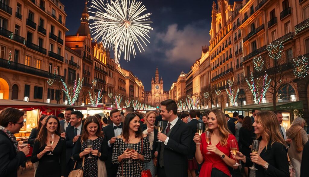 A bustling scene in Barcelona's Plaça d'Espanya, filled with vibrant decorations in preparation for New Year's Eve. In the foreground, elegantly dressed individuals of diverse backgrounds are discussing festive plans, holding reservation lists and toasting with glasses of champagne. The middle ground showcases iconic architecture illuminated with colorful lights, while festive stalls selling traditional 12 grapes of luck are visible. In the background, fireworks are beginning to light up the night sky. The atmosphere is lively and hopeful, capturing the excitement of celebrating the New Year. The image is bright with warm, inviting lighting, shot from a low angle to emphasize the grandeur of the square and the joyful expressions of the attendees.