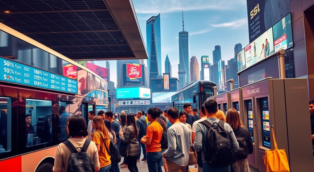A bustling urban scene with a modern, brightly-lit bus terminal in the foreground. The terminal has a sleek, glass-and-steel design, with digital signage displaying bus route information. In the middle ground, people of diverse ages and backgrounds queue patiently to purchase discounted bus tickets from automated kiosks. The background features the towering skyline of a metropolitan city, with skyscrapers and billboards creating a vibrant, dynamic atmosphere. The lighting is warm and inviting, creating a sense of energy and efficiency. Capture the convenience and affordability of public transportation, emphasizing the ease of accessing discounted bus fares in this modern, well-organized setting.
