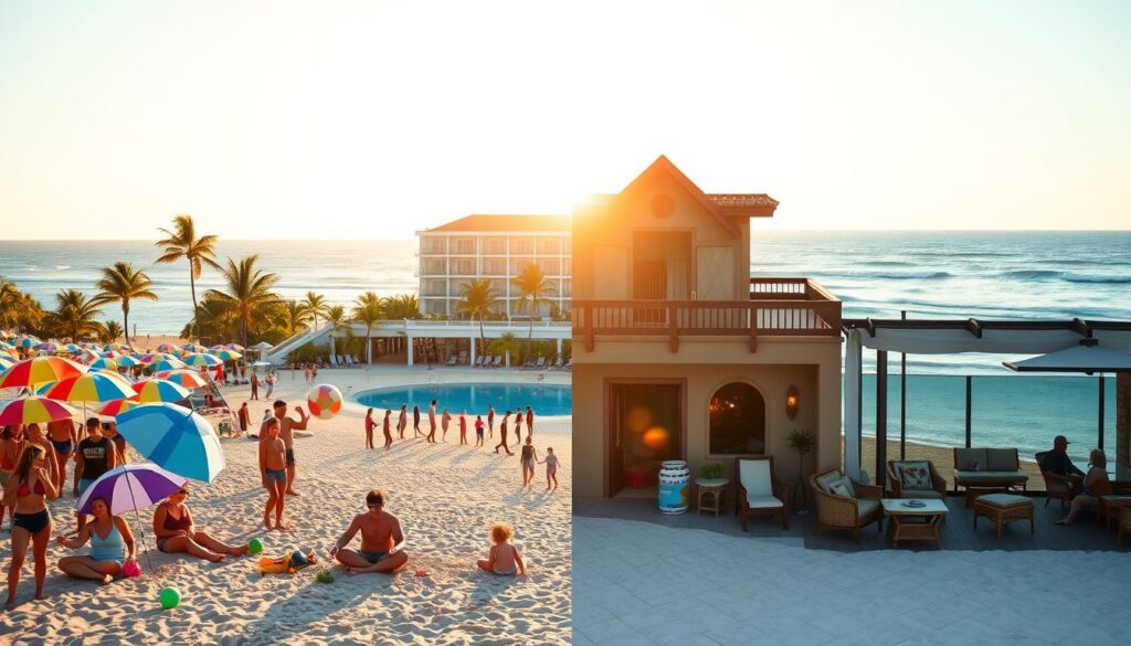 A captivating scene contrasting high season travel and budget-friendly options in January. In the foreground, a vibrant beach setting with colorful umbrellas and tourists in modest swimwear enjoying the sun, beach balls flying, and cheerful families building sandcastles. In the middle, juxtapose two elegant travel options: on one side, a luxurious resort with palm trees and an infinity pool, glowing in warm sunlight; on the opposite side, a cozy, charming Airbnb with local decor and inviting outdoor seating. The background features a clear blue sky and serene ocean waves. Soft golden hour lighting infuses the scene with warmth, evoking a sense of adventure and exploration. The mood is joyful, highlighting the appeal of diverse travel experiences in January.