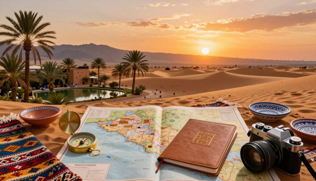 A captivating travel itinerary of Morocco, featuring a beautifully arranged flat lay with a vintage map of Marrakech and the Sahara Desert. In the foreground, elegant elements like a compass, a stylish travel journal, and a camera, all surrounded by traditional Moroccan artifacts such as a colorful woven rug and ceramic dishes. The middle ground displays a lush oasis, with palm trees and dunes transitioning into a stunning sunset that bathes the scene in warm golden and orange hues. In the background, distant mountains silhouette against the vibrant sky. The atmosphere should evoke a sense of adventure and tranquility, captured from a slightly elevated angle to emphasize the travel theme, with soft, natural lighting to enhance the mood.