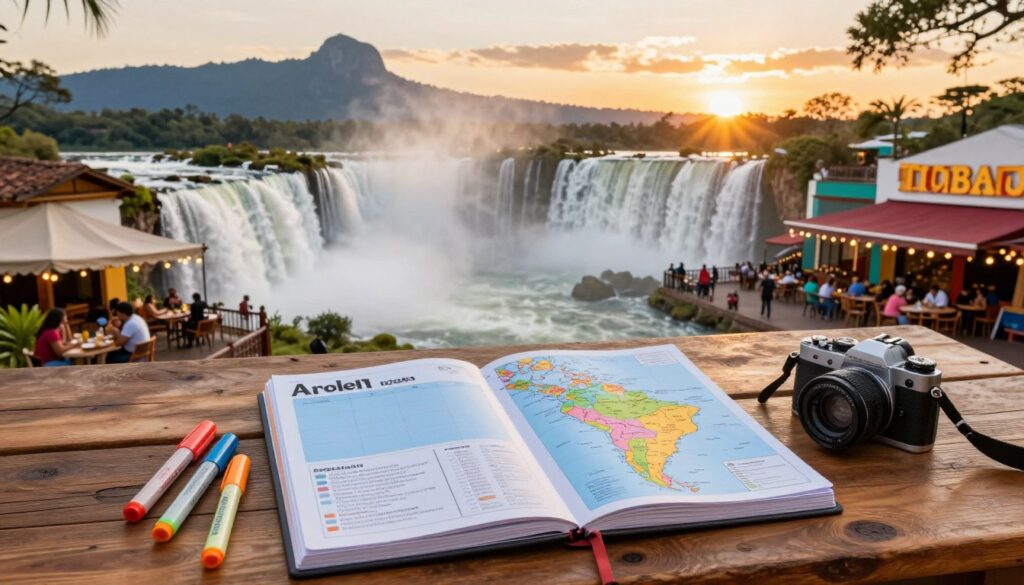 A captivating travel itinerary scene set in Argentina during a holiday. In the foreground, a well-organized travel planner rests on a rustic wooden table adorned with a beautiful map of Argentina, colorful markers, and a camera. The middle ground features iconic landmarks such as the stunning Iguazu Falls with mist rising and the vibrant streets of Buenos Aires, showcasing lively street cafés filled with people enjoying their holiday. In the background, a picturesque sunset casts warm, golden light over the Andes mountains, creating a serene and inviting atmosphere. The scene captures a sense of adventure, warmth, and excitement for travel, encouraging viewers to embrace their holiday spirit. The image should be bright, with soft focus on the landscape and clear details in the travel planner, depicting a perfect vacation ambiance.