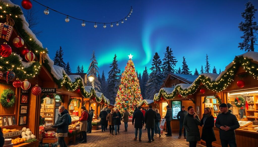A charming Christmas market in Lapland, Finland, vividly decorated with twinkling fairy lights and colorful Christmas ornaments. In the foreground, wooden stalls display handcrafted holiday gifts, warm drinks, and traditional pastries, with people in modest winter clothing happily browsing. The middle ground features a large, beautifully adorned Christmas tree, surrounded by joyful families and friends. In the background, snow-covered pine trees glisten under the soft glow of twilight, and the mesmerizing aurora borealis dances in the night sky. The scene is illuminated with warm lights to create a cozy, festive atmosphere. The camera angle captures the bustling market from a slightly elevated perspective, emphasizing the vibrant decorations and festive spirit.