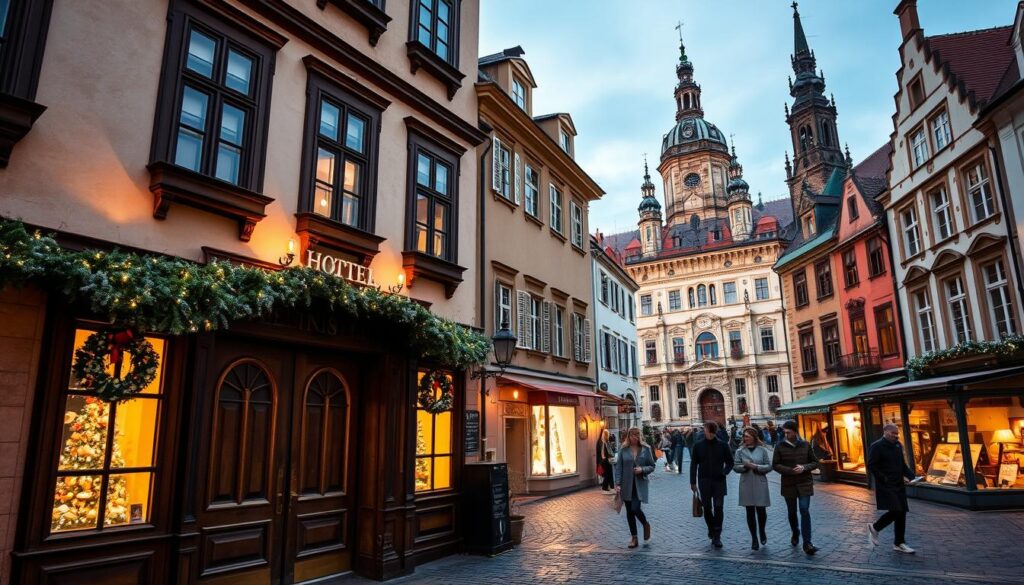 A charming historical hotel located in the heart of Krakow's Rynek Główny, surrounded by traditional Polish architecture. In the foreground, the hotel’s elegant entrance features intricate wooden doors and seasonal decorations reflecting the Christmas spirit, like twinkling lights and wreaths. In the middle ground, guests dressed in modest winter attire stroll along the cobblestone streets, exploring nearby shops adorned with festive ornaments. The background showcases the stunning medieval facades of surrounding buildings, including St. Mary's Basilica, under a softly glowing twilight sky. The scene is captured from a slightly elevated angle, allowing for a view of both the bustling square and the warm, inviting atmosphere of the hotel. The lighting is warm and welcoming, creating a cozy ambiance perfect for winter travels.
