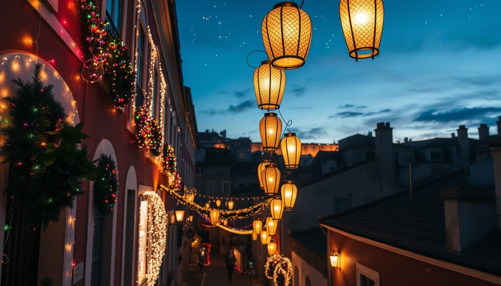 A charming scene of Christmas lights illuminating the narrow streets of Alfama, Lisbon. In the foreground, a cobblestone alley lined with traditional Portuguese buildings, festooned with colorful twinkling lights and decorative wreaths. In the middle ground, softly glowing lanterns sway gently in the cool evening breeze, casting a warm golden hue across the scene. In the background, silhouettes of the iconic Lisbon rooftops, under a twilight sky filled with stars, enhancing the festive ambiance. The composition captures a sense of nostalgia and joy, with the atmosphere enriched by the distant sound of Fado music echoing through the streets. The image should be expertly lit, recreating a magical winter evening, taken from a slightly elevated angle to encompass the vibrant street life below.
