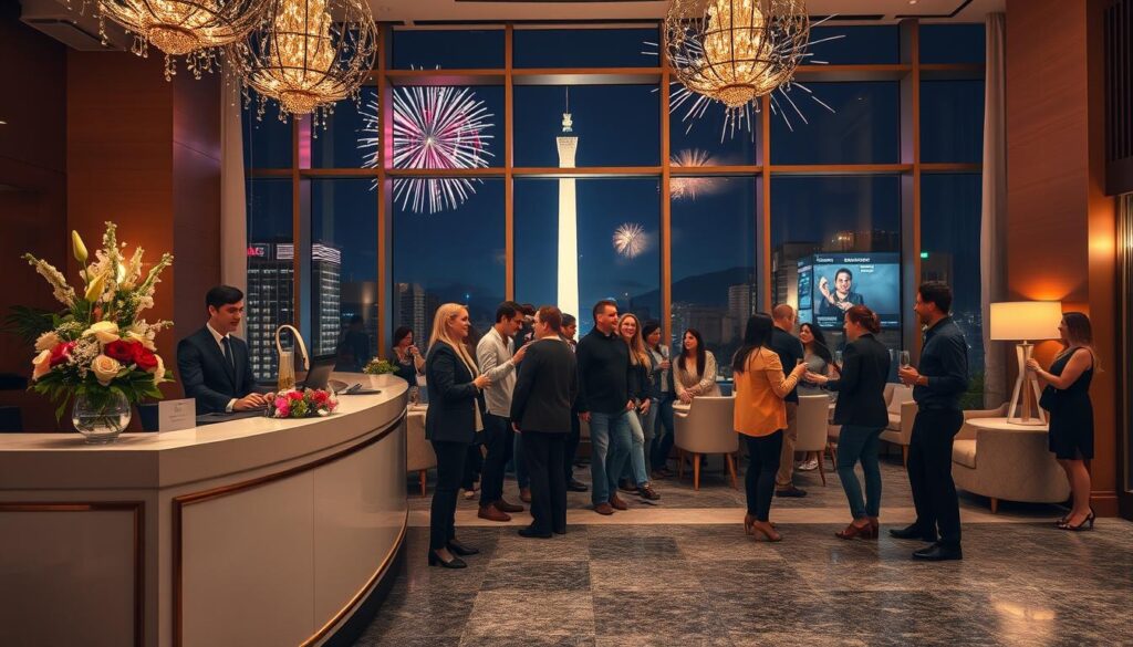 A charming scene of a Buenos Aires hotel lobby decorated for New Year’s Eve, emphasizing elegance and festivity. In the foreground, a reception desk adorned with flowers and twinkling lights, with a well-dressed concierge welcoming guests. In the middle, a spacious lobby filled with cheerful travelers, all in smart casual attire, greeting each other while sipping champagne. The background features tall windows revealing a stunning view of the Obelisco, illuminated against the night sky, with fireworks bursting in the distance. Soft, ambient lighting creates a warm and inviting atmosphere. The scene captures the excitement and joy of celebrating Réveillon in the heart of Buenos Aires. Capture it with a wide-angle lens to encompass the lively ambiance and intricate details.
