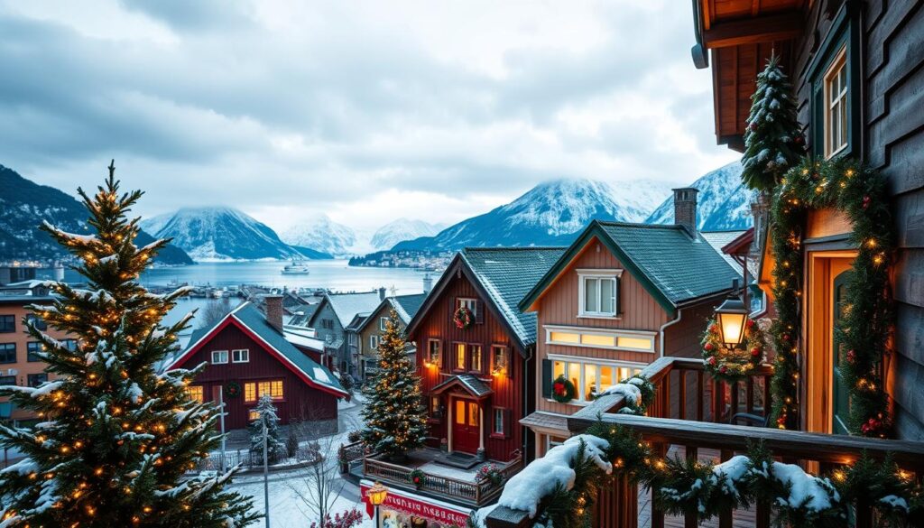 A cozy Christmas scene in Bergen, Norway, showcasing traditional holiday decorations. In the foreground, a beautifully adorned wooden balcony with garlands of evergreen, twinkling lights, and a decorated Christmas tree. The middle ground features charming wooden houses with colorful facades, illuminated by soft, warm light, with wreaths on doors and snow gently falling. In the background, majestic snow-capped fjords under a twilight sky, casting a serene atmosphere. The image should convey a sense of warmth and nostalgia, evoking Viking traditions. Use a wide-angle lens for an expansive view, capturing both details and the breathtaking scenery. The overall mood is inviting and festive, perfect for the Christmas spirit.