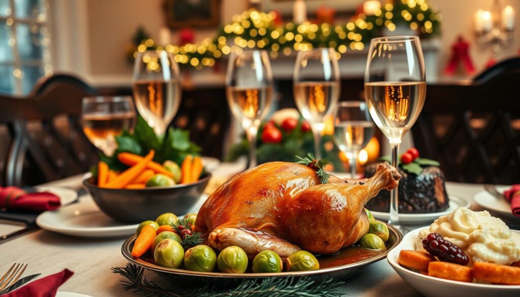 A cozy Christmas table setting featuring traditional British holiday foods. In the foreground, a beautifully arranged dish of roasted turkey with crispy skin, glistening with gravy, surrounded by vibrant sides of Brussels sprouts, honey-glazed carrots, and creamy mashed potatoes. A rich Christmas pudding adorned with sprigs of holly sits nearby. The middle ground showcases elegant glassware filled with mulled wine and sparkling water, complimented by festive napkins and cutlery. In the background, a softly lit Victorian-style dining room with a crackling fireplace and twinkling fairy lights creates a warm, inviting atmosphere. The scene is captured with a warm, diffused light, giving it a nostalgic, festive mood, emphasizing the tradition and flavors of a British Christmas feast. A cozy Christmas table setting featuring traditional British holiday foods. In the foreground, a beautifully arranged dish of roasted turkey with crispy skin, glistening with gravy, surrounded by vibrant sides of Brussels sprouts, honey-glazed carrots, and creamy mashed potatoes. A rich Christmas pudding adorned with sprigs of holly sits nearby. The middle ground showcases elegant glassware filled with mulled wine and sparkling water, complimented by festive napkins and cutlery. In the background, a softly lit Victorian-style dining room with a crackling fireplace and twinkling fairy lights creates a warm, inviting atmosphere. The scene is captured with a warm, diffused light, giving it a nostalgic, festive mood, emphasizing the tradition and flavors of a British Christmas feast.