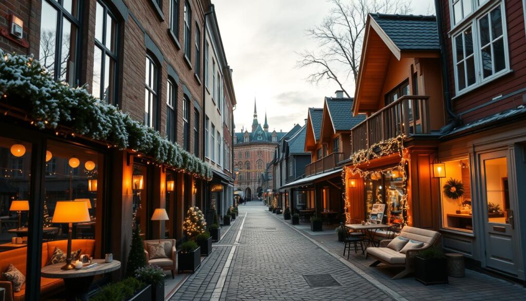 A cozy Copenhagen hospitality scene showcasing a blend of historic architecture and modern design. In the foreground, a chic, inviting hotel facade with large windows and warm lighting, featuring comfortable seating areas adorned with Scandinavian decor. The middle ground reveals charming chalets with wooden beams and twinkling fairy lights, set along cobblestone streets. In the background, glimpses of iconic Danish landmarks emerge, bathed in the soft glow of twilight. The atmosphere is serene and idyllic, emphasizing the concept of 'hygge' with warm, inviting colors and a tranquil ambiance. The scene is captured with a wide-angle lens, highlighting the interaction between modern comfort and historic charm, creating a welcoming feeling perfect for a winter getaway.