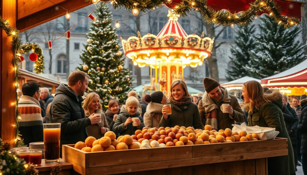 A cozy Danish Christmas market scene, filled with traditional festive foods. In the foreground, a wooden stall displays a variety of seasonal delicacies: gløgg (spiced mulled wine), æbleskiver (puffed apple balls), and peppernuts (small spiced cookies). Twinkling fairy lights illuminate the scene, creating a warm glow. The middle ground features happy families in modest winter clothing enjoying the festive atmosphere, with children holding candy canes and parents sipping from steaming mugs. In the background, tall evergreen trees adorned with ornaments and a whimsical carousel add to the holiday spirit. Soft snowfall enhances the serene winter ambiance, evoking a sense of hygge and warmth. The overall mood is joyful and inviting, capturing the essence of Danish Christmas traditions.