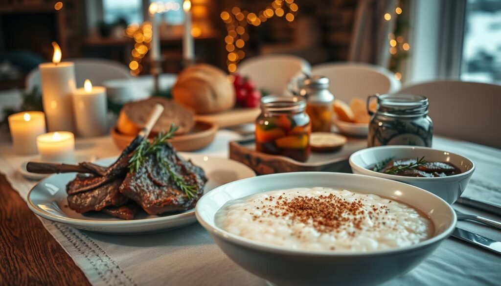 A cozy Icelandic Christmas table setting featuring traditional festive dishes. In the foreground, a beautifully arranged platter of hangikjöt (smoked lamb), garnished with sprigs of fresh herbs, and a bowl of sweet rice porridge topped with cinnamon and sugar. The middle ground showcases a warm loaf of rúgbrauð (Icelandic rye bread) and a colorful jar of pickled herring. In the background, softly glowing candles and subtle fairy lights illuminate a rustic wooden table adorned with a white tablecloth, creating a warm and inviting atmosphere. The scene is bathed in soft, warm lighting, evoking a sense of comfort and holiday cheer, with hints of Icelandic winter landscapes visible through a nearby window. A cozy Icelandic Christmas table setting featuring traditional festive dishes. In the foreground, a beautifully arranged platter of hangikjöt (smoked lamb), garnished with sprigs of fresh herbs, and a bowl of sweet rice porridge topped with cinnamon and sugar. The middle ground showcases a warm loaf of rúgbrauð (Icelandic rye bread) and a colorful jar of pickled herring. In the background, softly glowing candles and subtle fairy lights illuminate a rustic wooden table adorned with a white tablecloth, creating a warm and inviting atmosphere. The scene is bathed in soft, warm lighting, evoking a sense of comfort and holiday cheer, with hints of Icelandic winter landscapes visible through a nearby window.
