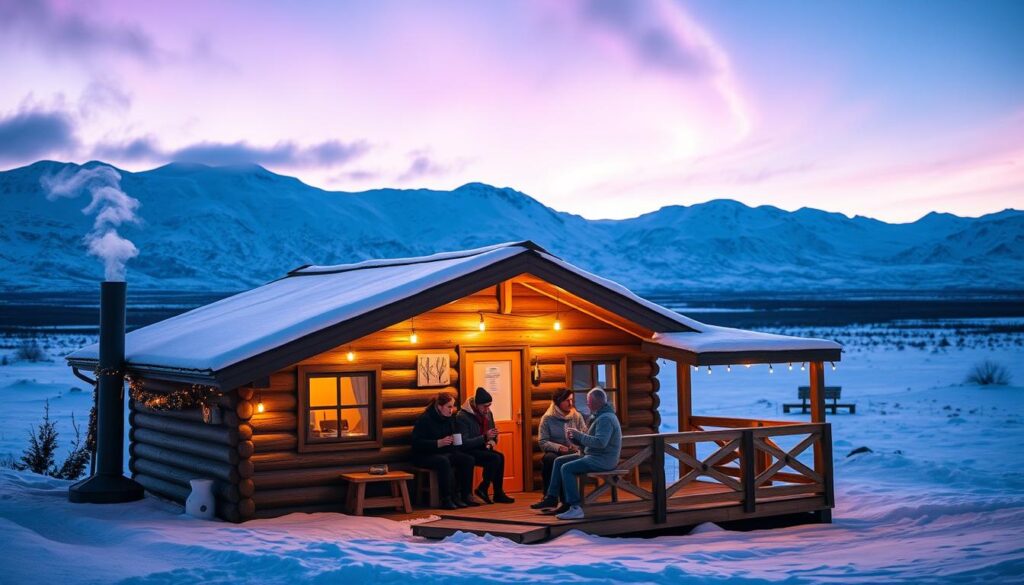 A cozy Icelandic guesthouse surrounded by soft snow-covered landscapes, depicting a warm and inviting atmosphere. In the foreground, a quaint wooden cabin with smoke curling from the chimney, adorned with Christmas lights. The middle of the image showcases a rustic wooden porch with travelers dressed in modest casual clothing, sipping hot cocoa while discussing their travel tips. In the background, majestic snow-capped mountains rise against a twilight sky filled with soft hues of purple and blue, casting a magical glow. Delicate streams of the Northern Lights dance above the landscape, adding to the mystique. Soft ambient lighting illuminates the scene, creating a welcoming and peaceful mood, perfect for travel inspiration. The focus is wide-angle to capture the vast beauty of Iceland. A cozy Icelandic guesthouse surrounded by soft snow-covered landscapes, depicting a warm and inviting atmosphere. In the foreground, a quaint wooden cabin with smoke curling from the chimney, adorned with Christmas lights. The middle of the image showcases a rustic wooden porch with travelers dressed in modest casual clothing, sipping hot cocoa while discussing their travel tips. In the background, majestic snow-capped mountains rise against a twilight sky filled with soft hues of purple and blue, casting a magical glow. Delicate streams of the Northern Lights dance above the landscape, adding to the mystique. Soft ambient lighting illuminates the scene, creating a welcoming and peaceful mood, perfect for travel inspiration. The focus is wide-angle to capture the vast beauty of Iceland.