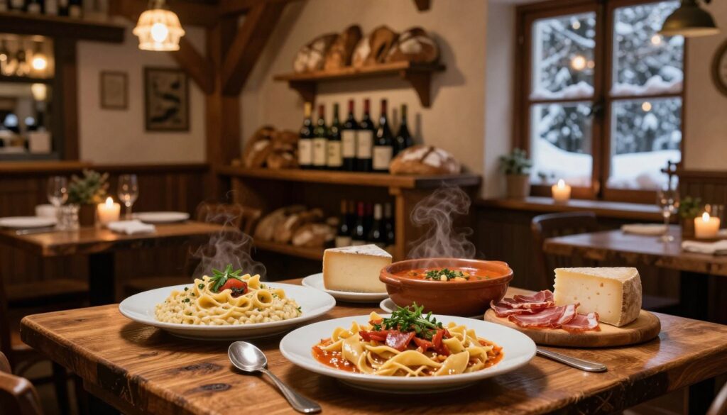A cozy Italian winter scene focused on traditional Italian cuisine. The foreground showcases a rustic wooden table laden with mouth-watering dishes like pasta alla carbonara, rich minestrone soup, and a selection of cheeses and cured meats. Nearby, a steaming bowl of risotto glistens, surrounded by fresh herbs. In the middle ground, a warmly lit bistro with wooden beams and inviting candlelight creates an intimate atmosphere. Display wine bottles and artisanal bread on wooden shelves. The background features a snow-dusted window, softly glowing with warm light, giving a sense of winter charm. The overall mood is inviting and nostalgic, evoking the flavors and warmth of Italian gastronomy during winter. Utilize soft, warm lighting to enhance the ambiance, captured with a shallow depth of field to highlight the dishes prominently.