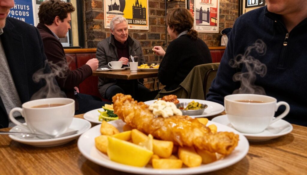 A cozy London cafe in January, showcasing a table laden with traditional British winter dishes. In the foreground, a beautifully arranged plate of fish and chips, garnished with fresh lemon and tartar sauce, next to a steaming cup of tea. The middle ground features patrons, dressed in smart casual attire, enjoying hearty meals and engaging in warm conversations. The background reveals a charming brick wall adorned with vintage London posters, creating an inviting atmosphere. Soft, warm lighting bathes the scene, accentuating the rich colors of the food and the comfortable ambiance. Capture an inviting, festive mood that highlights the flavors and culinary traditions of London post-holiday season.