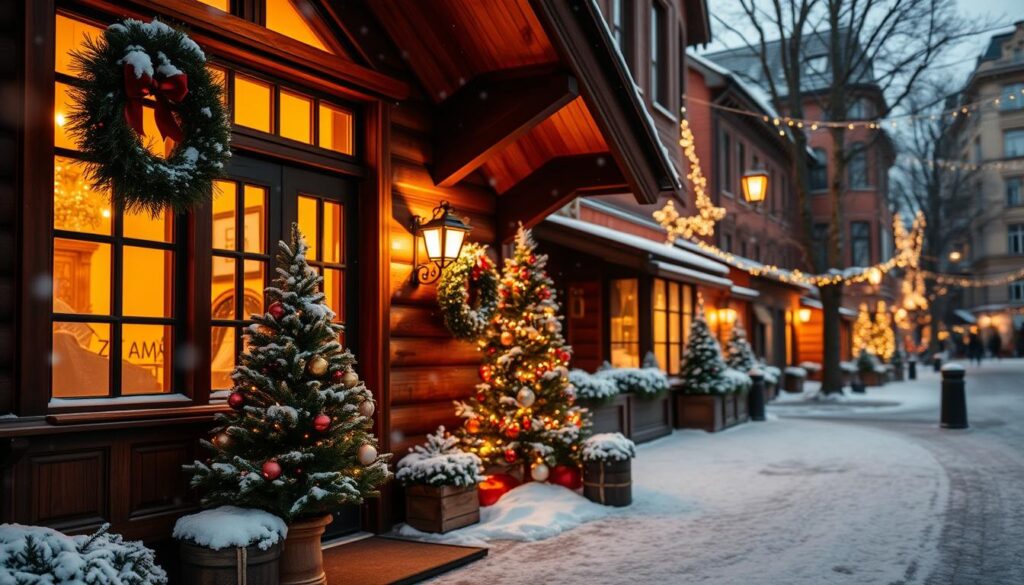 A cozy Swedish Christmas hotel scene in Stockholm, showcasing a charming wooden chalet adorned with tasteful holiday decorations. In the foreground, a warm, inviting entrance with soft golden light spilling from large windows, and a beautifully decorated pine tree flanking the door. The middle ground features the chalet nestled among gently falling snowflakes, with a backdrop of softly lit historic buildings and twinkling Christmas lights illuminating the street. The atmosphere is festive and enchanting, evoking a sense of warmth and holiday spirit. The lighting is soft and warm to enhance the cozy ambiance, shot at a slight angle to capture depth and detail, highlighting the beauty of a Swedish winter holiday experience.