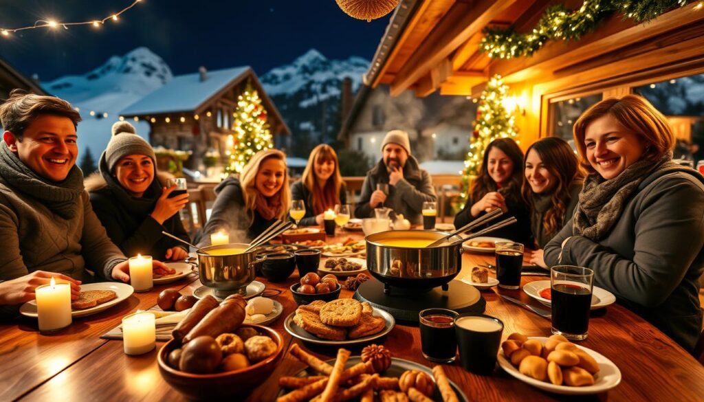 A cozy Swiss chalet adorned for Christmas in Zurich, featuring a beautifully set wooden dining table laden with traditional holiday dishes. In the foreground, a steaming pot of fondue surrounded by eager guests wearing modest casual attire, smiling and sharing the festive experience. The middle ground showcases an array of local delicacies, such as roasted chestnuts, spiced cookies, and mulled wine, all illuminated by the warm glow of soft candles. In the background, snow-covered Alps tower under a starry night sky, with Christmas lights twinkling on nearby trees. The scene evokes a joyful and inviting atmosphere, capturing the essence of local gastronomy and holiday spirit during the festive season. The lighting is warm and soft, creating a relaxed and cheerful mood, viewed through a slightly tilted lens to add depth.