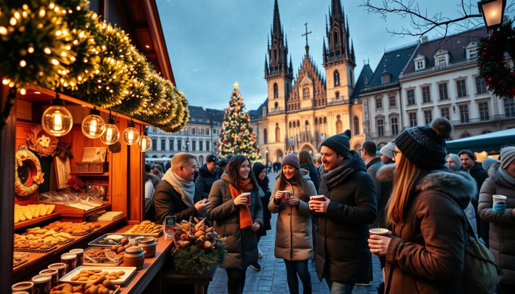 A cozy and festive Christmas market in Prague, showcasing traditional Czech holiday delicacies. In the foreground, a wooden stall adorned with twinkling fairy lights displays an array of seasonal treats, including gingerbread cookies, roasted chestnuts, and mulled wine in rustic mugs. In the middle, joyous families and friends in warm winter attire gather around, sampling food and enjoying the atmosphere, with a backdrop of the iconic Old Town Square, featuring stunning Gothic architecture and a towering Christmas tree. Soft, golden evening light bathes the scene, creating a warm, inviting mood. Snowflakes gracefully fall, adding to the enchanting festive ambiance. The composition is captured from a slightly elevated angle, emphasizing the bustling market and charming surroundings.