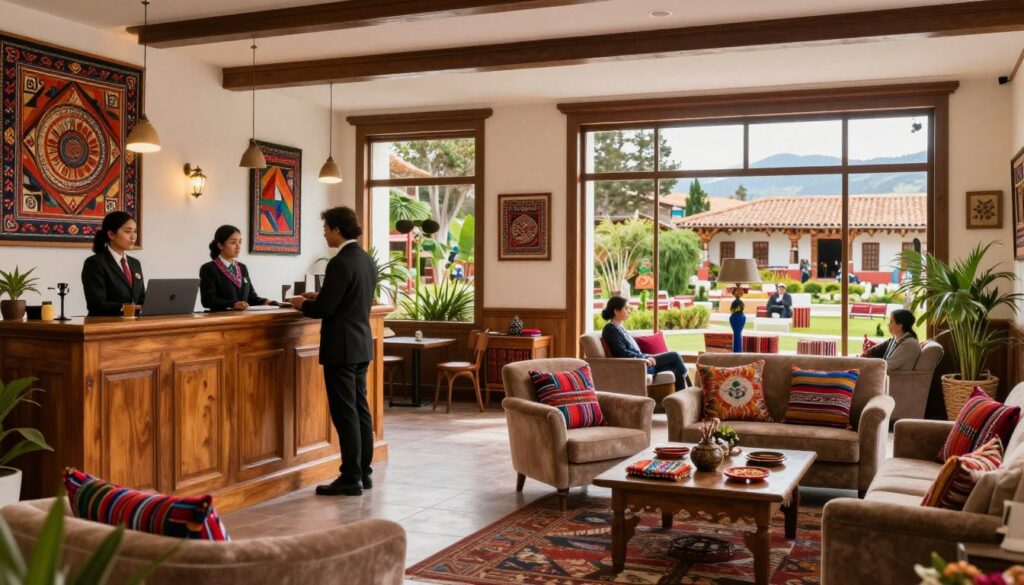 A cozy and inviting hotel lobby in Peru, featuring elegant furnishings and traditional Peruvian decor. In the foreground, a warm wooden reception desk with staff in professional attire welcoming guests. The middle ground shows a comfortable seating area with plush armchairs and colorful textiles, along with a coffee table displaying local crafts. Large windows let in soft, natural light, highlighting the intricate patterns of the region’s artwork. In the background, a beautifully arranged display of popular hotels, surrounded by lush greenery and iconic Peruvian architecture. The atmosphere is friendly and welcoming, capturing the essence of Peruvian hospitality. The image should evoke a sense of comfort and adventure, ideal for travelers seeking unique accommodations in Peru.