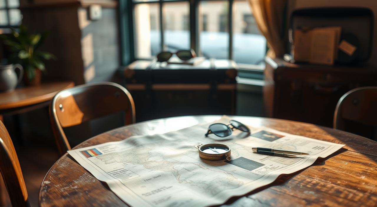 A cozy cafe setting with a traveler's map, compass, and travel documents laid out on a weathered wooden table. Soft natural lighting from a nearby window casts a warm glow, creating an intimate and relaxing atmosphere. In the background, a vintage suitcase and a pair of sunglasses hint at the adventures to come. The scene exudes a sense of exploration, planning, and the reassurance of having the right travel insurance coverage to embark on short, protected journeys.