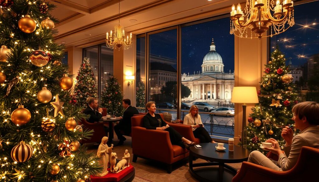 A cozy hotel lobby adorned for Christmas in Rome, featuring elegant decorations and a warm ambiance. In the foreground, a beautifully decorated Christmas tree with twinkling fairy lights and handcrafted ornaments, along with traditional Italian nativity scene figurines. The middle ground includes plush seating areas with stylish, modestly dressed guests enjoying hot beverages, surrounded by rich wooden furnishings and soft golden lighting. In the background, large windows reveal a festive view of a historic street illuminated by sparkling lights and the silhouette of St. Peter's Basilica under a starry night sky. The atmosphere is inviting and festive, evoking the warmth of holiday spirit in the heart of Rome. Capture this scene with a soft focus, warm tones, and a wide-angle lens for an immersive feel. A cozy hotel lobby adorned for Christmas in Rome, featuring elegant decorations and a warm ambiance. In the foreground, a beautifully decorated Christmas tree with twinkling fairy lights and handcrafted ornaments, along with traditional Italian nativity scene figurines. The middle ground includes plush seating areas with stylish, modestly dressed guests enjoying hot beverages, surrounded by rich wooden furnishings and soft golden lighting. In the background, large windows reveal a festive view of a historic street illuminated by sparkling lights and the silhouette of St. Peter's Basilica under a starry night sky. The atmosphere is inviting and festive, evoking the warmth of holiday spirit in the heart of Rome. Capture this scene with a soft focus, warm tones, and a wide-angle lens for an immersive feel.