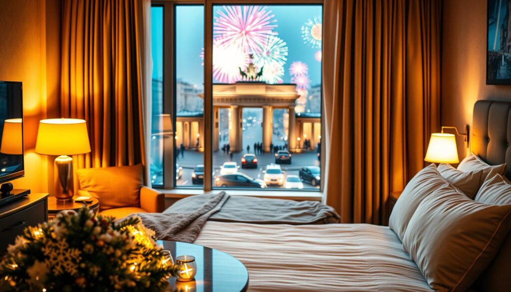 A cozy hotel room in Berlin decorated for New Year's Eve, featuring a festive ambiance. In the foreground, a beautifully set table with winter-themed decorations, sparkling lights, and a view of the iconic Brandenburg Gate through a large window, glowing in the evening light. In the middle ground, a comfortable bed adorned with plush pillows and warm blankets, with a stylish lamp emitting a soft, golden hue. In the background, the bustling streets of Berlin, alive with colorful fireworks lighting up the night sky, adding a sense of celebration to the atmosphere. The scene conveys warmth, excitement, and the spirit of welcoming the New Year in a vibrant city. The overall lighting is warm, capturing the essence of a joyful holiday celebration.