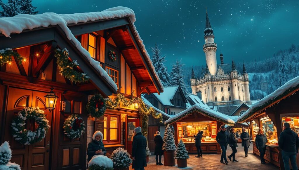 A cozy, inviting German inn decked out for Christmas, nestled in a picturesque village. In the foreground, a beautifully decorated wooden cabin with warm, glowing lights and a wreath on the door. Friendly guests in winter attire enjoying hot cocoa on the porch. In the middle ground, festive Christmas market stalls brimming with handcrafted gifts and delicious treats, with smiling vendors offering their wares. The background features a majestic, snow-covered castle illuminated with soft lights against a night sky filled with twinkling stars. The scene is batch lit with a warm, magical glow to evoke a sense of holiday cheer and comfort, captured from a slightly elevated angle to showcase the bustling market atmosphere and the enchanting surroundings.