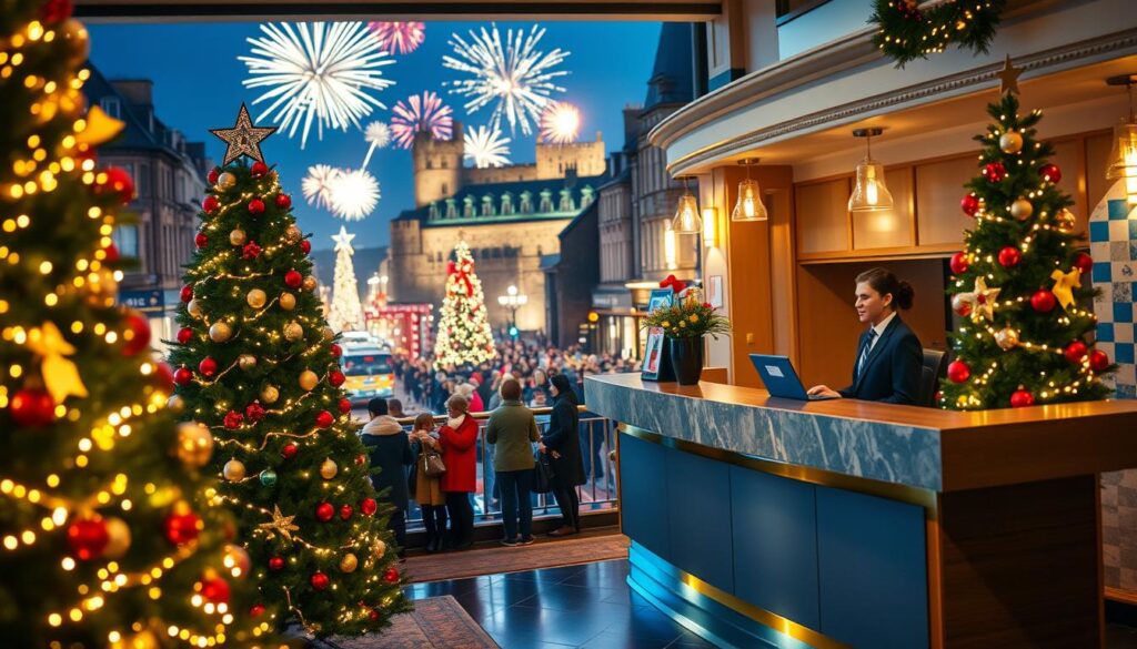 A cozy, inviting hotel lobby decorated for Hogmanay, with festive lights and a large, beautifully adorned Christmas tree in the foreground. In the middle, a stylish reception desk attended by a friendly staff member in professional attire, welcoming guests. Background features a panoramic view of a lively Edimburgh street filled with revelers wearing warm clothing, enjoying New Year festivities, with fireworks bursting in the night sky above the iconic Edinburgh Castle. Soft, warm lighting sets a welcoming atmosphere, capturing the excitement and joy of celebrating New Year's Eve in Scotland’s capital. Use a slight depth of field to focus on the lobby while softly blurring the bustling street, emphasizing the festive yet snug ambiance.