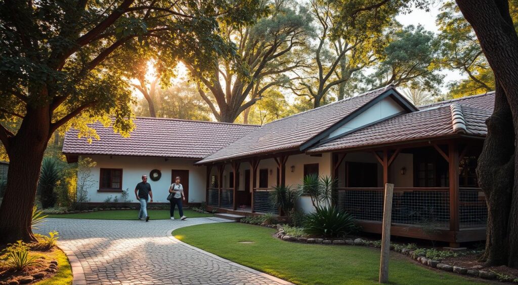A cozy outdoor scene of a traditional Brazilian pousada nestled amidst lush greenery, with a mix of rustic and modern architectural elements. The pousada features a charming tiled roof, whitewashed walls, and wooden accents, surrounded by well-manicured gardens and towering trees. Warm, golden sunlight filters through the foliage, casting a gentle glow over the peaceful, inviting atmosphere. Guests can be seen strolling along the cobblestone path leading to the pousada's entrance, adding a sense of tranquility and relaxation. The overall composition evokes the serene, picturesque charm of the Serra Gaúcha region, perfectly suited to accommodate visitors seeking a comfortable and authentic stay. A cozy outdoor scene of a traditional Brazilian pousada nestled amidst lush greenery, with a mix of rustic and modern architectural elements. The pousada features a charming tiled roof, whitewashed walls, and wooden accents, surrounded by well-manicured gardens and towering trees. Warm, golden sunlight filters through the foliage, casting a gentle glow over the peaceful, inviting atmosphere. Guests can be seen strolling along the cobblestone path leading to the pousada's entrance, adding a sense of tranquility and relaxation. The overall composition evokes the serene, picturesque charm of the Serra Gaúcha region, perfectly suited to accommodate visitors seeking a comfortable and authentic stay.