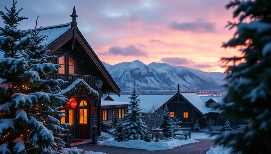 A cozy, thematic lodging in Bergen, Norway, showcasing a charming wooden structure inspired by Viking architecture. In the foreground, a vibrant winter holiday scene features snow-dusted pine trees and twinkling fairy lights illuminating the entrance. The middle ground includes warm, inviting windows with soft golden glows, hinting at a cozy atmosphere inside. In the background, majestic snow-covered fjords rise under a dramatic sky, where soft pink and orange hues of sunset blend with cool blue tones. The image captures a serene mood with gentle snowfall, inviting viewers to experience the warmth and tradition of Viking hospitality during the festive season. The composition is shot with a wide-angle lens, focusing on the lodging with a softly blurred background, enhancing the depth and enchantment of the winter landscape.