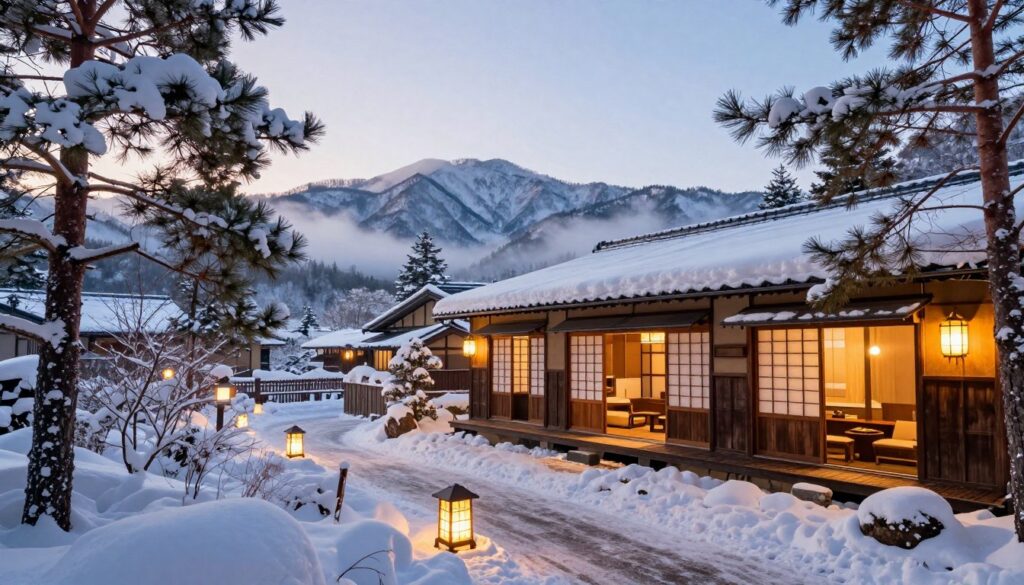 A cozy winter lodge in Japan, nestled among snow-covered pine trees, forms the foreground of the image. In the middle ground, a traditional ryokan with sliding paper doors and warm, glowing lanterns invites visitors, showcasing its rustic wooden architecture. The background features soft, misty mountains draped in a veil of white snow under a serene, pale blue sky. The atmosphere exudes warmth and tranquility, with the gentle glow of sunrise casting a golden hue on the scenery. Capture this enchanting winter ambiance using a wide-angle lens and soft focus to enhance the dreamy quality. The scene should evoke a sense of comfort and peaceful escape, ideal for winter travelers.