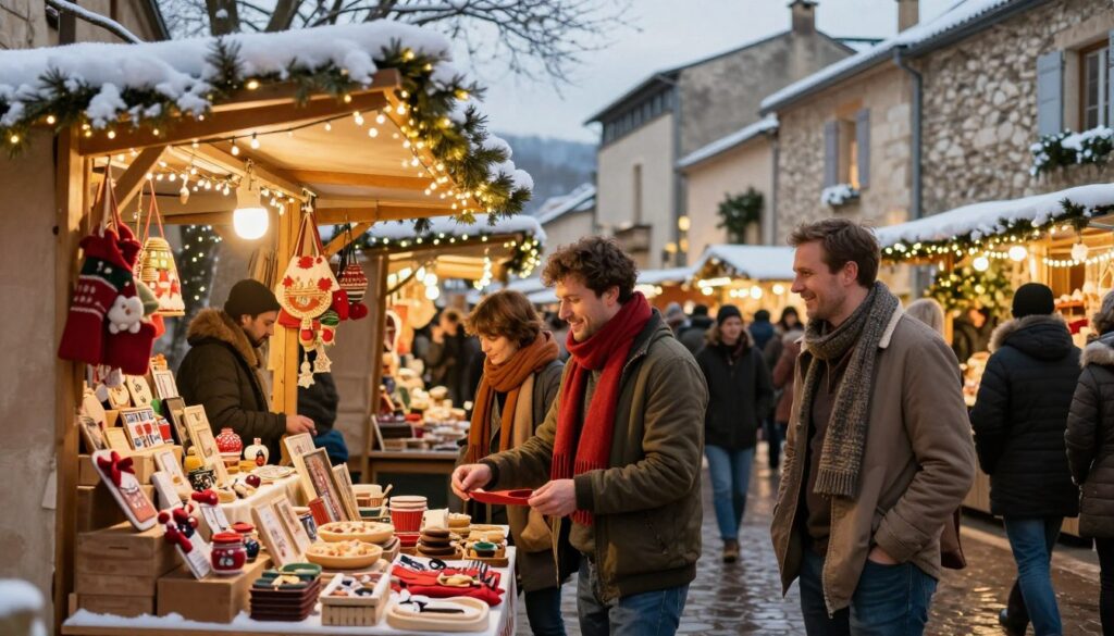 A cozy winter market scene in Provence, France during January, showcasing vibrant stalls filled with festive decorations, artisan crafts, and seasonal foods. In the foreground, a merchant in modest casual winter attire smiles warmly, offering handmade goods to visitors. The middle ground features a diverse crowd of people, bundled in colorful scarves and coats, exploring the market amidst twinkling fairy lights. The background reveals charming historic architecture dusted in snow, with a hint of the wintry sky above. The scene is illuminated by soft, golden lighting, creating a warm and inviting atmosphere, evoking the charm of winter in France, ideal for an article about January festivities.