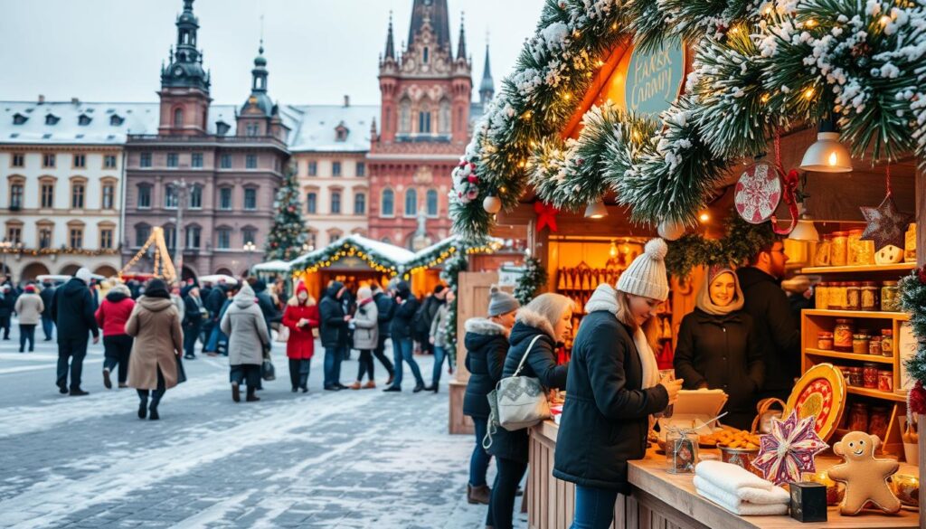 A cozy winter scene depicting practical Christmas tips, set in the vibrant Rynek Główny square in Krakow, Poland. In the foreground, a beautifully decorated wooden stall displays traditional Polish Christmas crafts and edible treats, like handmade ornaments and gingerbread cookies. The middle ground features a bustling crowd in modest winter clothing, enjoying the festive atmosphere under soft, twinkling fairy lights. In the background, historic buildings adorned with holiday decorations create a charming contrast against a snow-dusted landscape. Soft, golden lighting casts a warm glow over the scene, enhancing a magical, inviting ambiance. The angle is slightly elevated, capturing the entire festive market at dusk, filled with the warmth of community and holiday tradition.