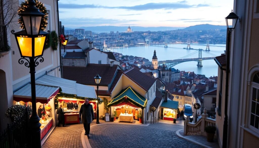 A cozy winter scene in Alfama, Lisbon, decorated for Christmas. In the foreground, traditional Portuguese street lamps glow warmly, illuminating cobblestone streets adorned with festive lights. A couple dressed in modest winter attire strolls hand in hand, enjoying the festive atmosphere. In the middle ground, quaint houses with colorful tiles display vibrant holiday decorations. A small Christmas market is visible, featuring stalls selling local crafts and seasonal treats. In the background, the iconic silhouette of Lisbon's hills and the Tagus River, shimmering under a softly lit twilight sky. The mood is joyful and inviting, evoking the spirit of a Christmas journey in Portugal, with a focus on warmth, tradition, and togetherness. Soft, diffused lighting enhances the serene atmosphere, taken with a slight bird's-eye angle to capture the charm of the scene.