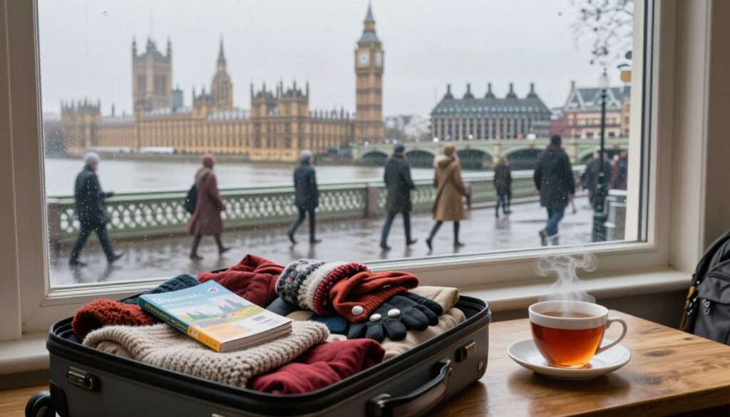 A cozy winter scene in London, capturing the essence of travel preparations for a January trip post-holiday season. In the foreground, a stylish suitcase is partially packed with warm clothing, travel guides, and winter accessories like gloves and scarves. A steaming cup of tea sits next to it on a wooden table. The middle ground features a window with rain gently falling, framing a view of iconic London landmarks like Big Ben and the Thames River shrouded in a soft, gray winter light. In the background, a busy street reflects the hustle of the city, with people dressed in smart winter fashion - coats, hats, and scarves. The mood is warm and inviting, emphasizing the anticipation of travel in winter. Lighting is soft and diffused, enhancing the cozy ambiance of the scene.