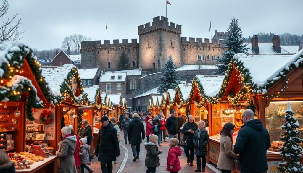 A cozy winter scene in Québec City during the Christmas season, showcasing cultural traditions. In the foreground, a charming, bustling German Christmas market, filled with beautifully decorated wooden stalls selling crafts and festive treats. People dressed in warm, modest winter attire engage joyfully, with children admiring colorful ornaments. The middle ground features a historic, fortified stone fortress adorned with twinkling fairy lights, capturing the essence of medieval architecture. In the background, snow-capped rooftops and pine trees dusted with fresh snow create a picturesque winter landscape. Soft, warm lighting illuminates the scene, evoking a festive, inviting atmosphere. A slight perspective from above, highlighting the vibrant market amidst the historic city backdrop. A cozy winter scene in Québec City during the Christmas season, showcasing cultural traditions. In the foreground, a charming, bustling German Christmas market, filled with beautifully decorated wooden stalls selling crafts and festive treats. People dressed in warm, modest winter attire engage joyfully, with children admiring colorful ornaments. The middle ground features a historic, fortified stone fortress adorned with twinkling fairy lights, capturing the essence of medieval architecture. In the background, snow-capped rooftops and pine trees dusted with fresh snow create a picturesque winter landscape. Soft, warm lighting illuminates the scene, evoking a festive, inviting atmosphere. A slight perspective from above, highlighting the vibrant market amidst the historic city backdrop.