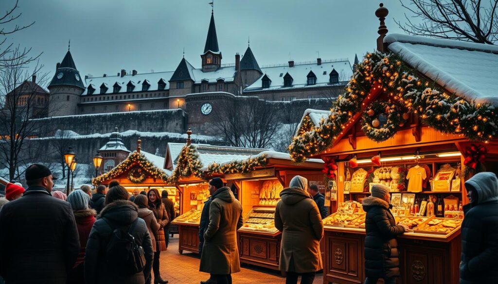 A cozy winter scene in a charming Quebec cityscape decorated for Christmas, showcasing a fortified wall with snow-covered rooftops. In the foreground, a group of people dressed in warm, modest winter clothing is gathered around a traditional German market stall, decorated with twinkling lights and festive ornaments. The middle ground features stalls filled with festive treats like gingerbread, hot cocoa, and handmade crafts. The background displays the historic architecture of the fortified city, with a soft glow from street lamps lighting the softly falling snow. The atmosphere is warm and inviting, evoking a sense of community and holiday spirit, captured in a warm, golden hour lighting with a slightly overcast sky. The scene is framed from a medium lens angle, focusing on the vibrancy of the holiday market. A cozy winter scene in a charming Quebec cityscape decorated for Christmas, showcasing a fortified wall with snow-covered rooftops. In the foreground, a group of people dressed in warm, modest winter clothing is gathered around a traditional German market stall, decorated with twinkling lights and festive ornaments. The middle ground features stalls filled with festive treats like gingerbread, hot cocoa, and handmade crafts. The background displays the historic architecture of the fortified city, with a soft glow from street lamps lighting the softly falling snow. The atmosphere is warm and inviting, evoking a sense of community and holiday spirit, captured in a warm, golden hour lighting with a slightly overcast sky. The scene is framed from a medium lens angle, focusing on the vibrancy of the holiday market.