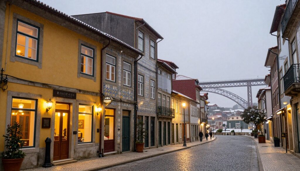A cozy winter scene showcasing elegant accommodations in both Lisbon and Porto. In the foreground, a charming boutique hotel with welcoming lights glowing from the windows, inviting travelers. The middle ground features a cobblestone street lined with traditional Portuguese buildings, their warm colors contrasting with the gray winter sky. In the background, iconic landmarks of both cities, such as the Ponte 25 de Abril and ornate tiles of Porto's Ribeira area, are subtly visible through a light snowfall, creating a tranquil atmosphere. The scene is lit with a soft, ambient glow reminiscent of early evening, capturing the essence of warmth and comfort in winter. The mood is inviting, emphasizing a sense of hospitality and relaxation, perfect for travelers seeking refuge in the heart of Portugal.