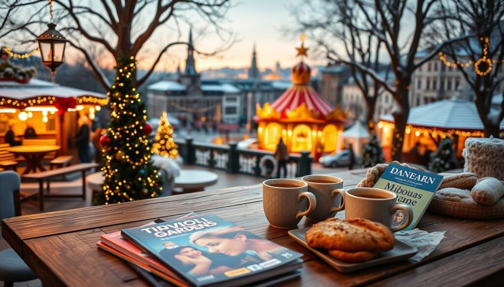 A cozy winter scene showcasing practical travel tips for enjoying Christmas in Denmark. In the foreground, a beautifully arranged rustic wooden table displays a selection of vibrant travel guides and warm cups of spiced glögg, surrounded by Danish pastries. The middle ground features a charming, warmly lit Tivoli Gardens with twinkling lights and festive decorations, encapsulating the spirit of hygge. The background reveals the iconic Copenhagen skyline under a soft, snowy twilight. The lighting is warm and inviting, creating a sense of comfort and joy. The atmosphere exudes a festive yet tranquil vibe, perfect for capturing the essence of Danish Christmas travel tips without any text or distractions.